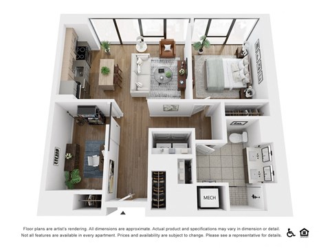Floor plan for 1 bed, 1.5 baths, 871 sqft